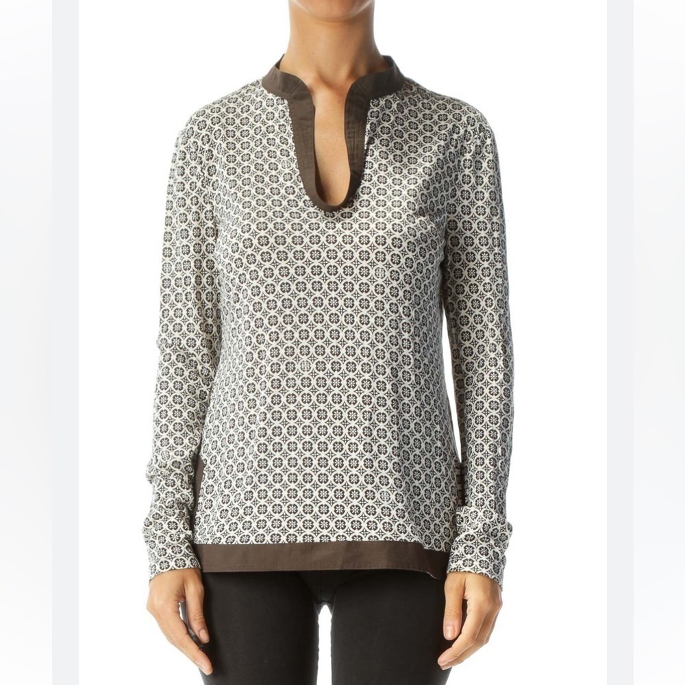 Tory Burch Brown Cream Print Scoop Neck Long Sleeve Silk Top Sz Medium